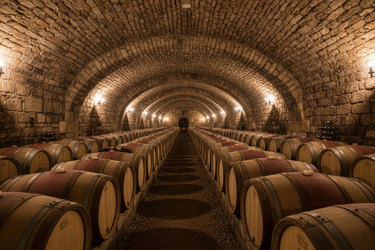 Genera un immagine fotografica che rappresenti le cantine, deve estendersi in larghezza